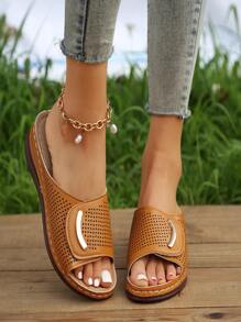 Women Hollow Out Metal Decor Slide Sandals, Fashionable Yellow Flat Sandals - Yellow - View 2
