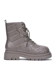 Women's  Diamond Stitch Rhinestone Chain Booties - Lug, Platform Round Toe Combat Boots Mid Heel For Festival Shoes