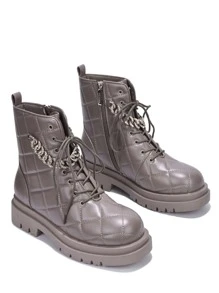 Women's  Diamond Stitch Rhinestone Chain Booties - Lug, Platform Round Toe Combat Boots Mid Heel For Festival Shoes