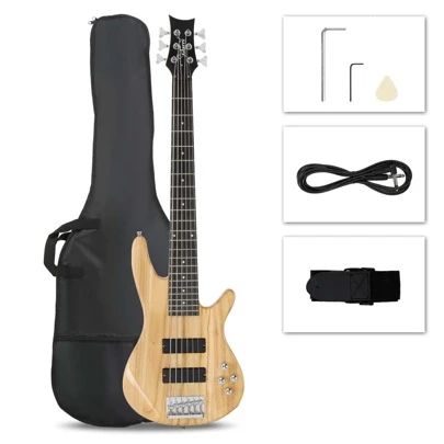 Full Size GIB 6 String H-H Pickup Electric Bass Guitar Bag Strap Pick Connector Wrench Tool