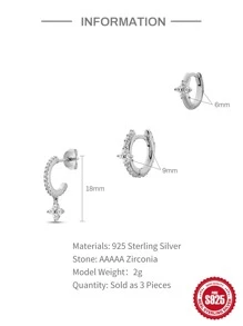 3入組s925銀質3片花瓣鑲鑽耳環,女性每日配飾精品珠寶,耳釘式