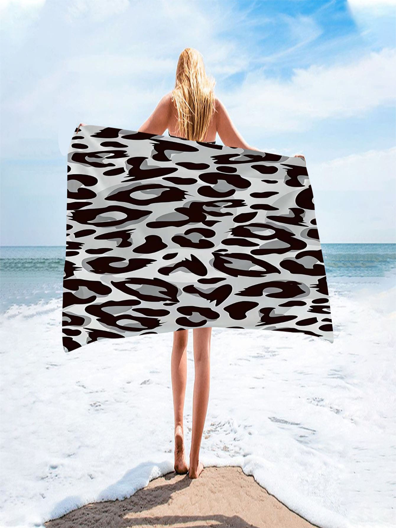 1pc Black & Gray Leopard Print Beach Towel, Vacation Style for Sale