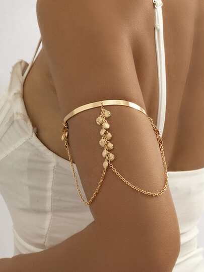 قطعة مجوهرات الذراع البسيطة للنساء ستايل الشارع سوار من الذهب العاجي المفتوح مع ربطة عنق من الصدف، قلادة سلسلة، مثالية لحفلات الزفاف الشاطئية الكلاسيكية