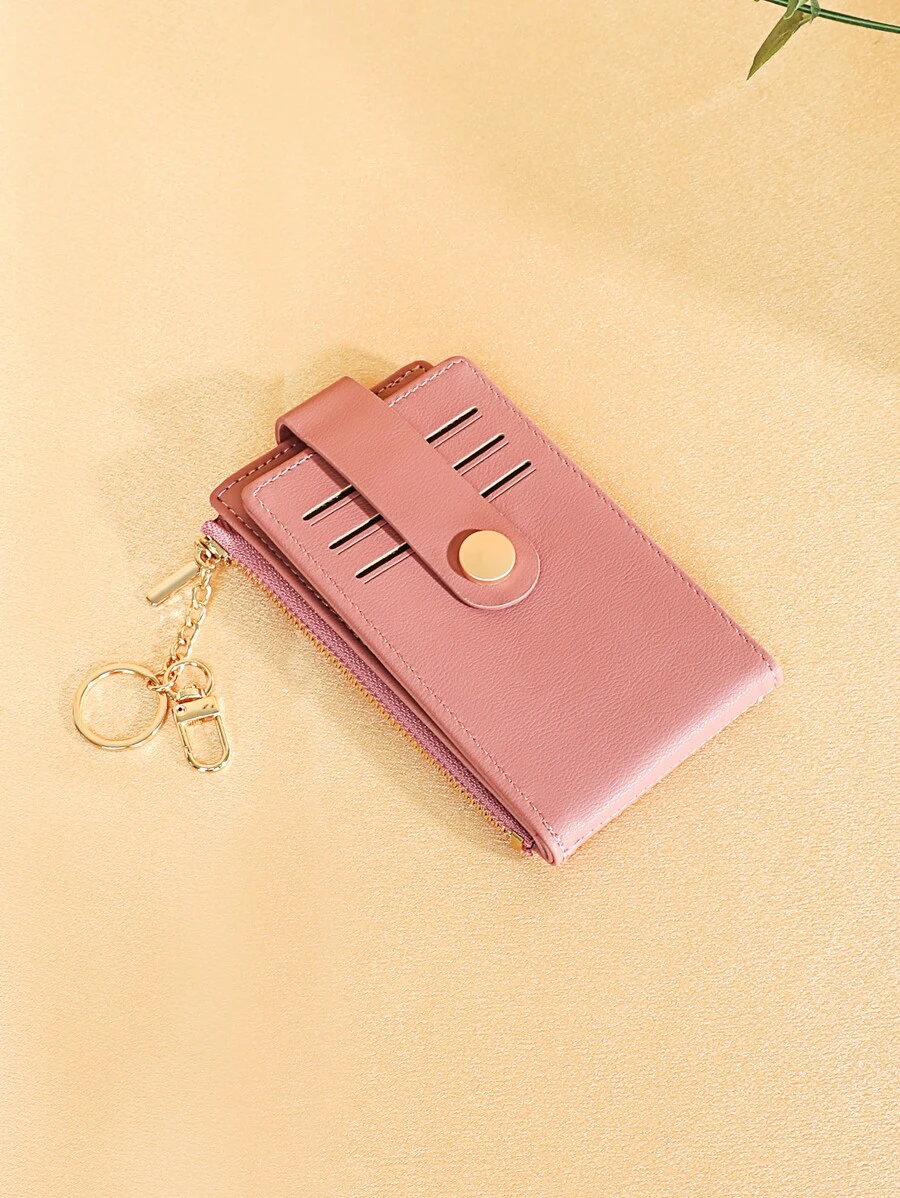 極簡風格按扣卡包拉鍊PU皮革 - 粉色 - 查看 1