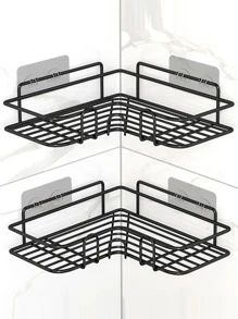 1入組浴室配件免打孔角落浴室架子浴室固定裝置鍛鐵收納架廚房三角架牆架子 - 黑色 - 查看 1