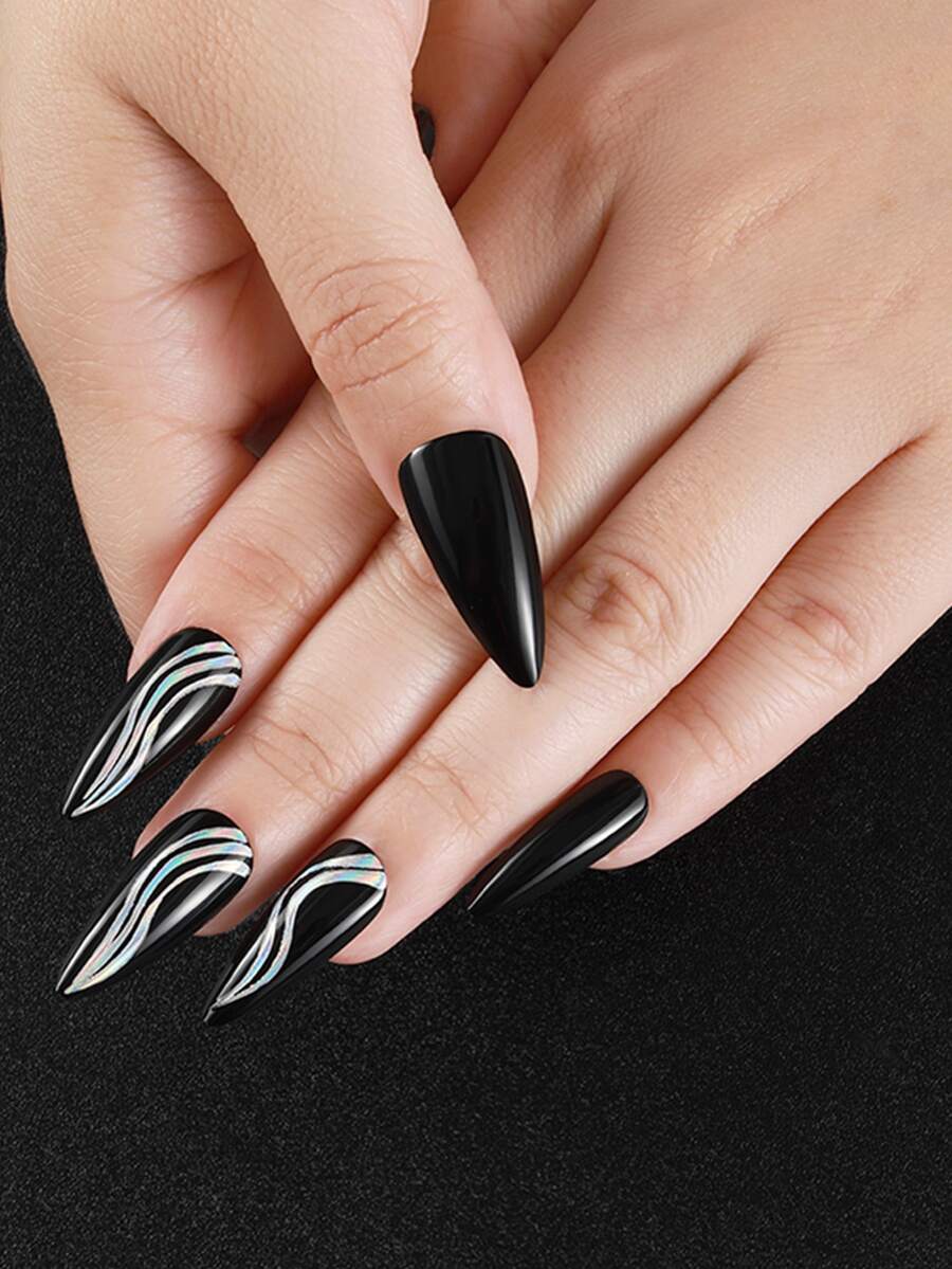 24 cái/hộp Móng giả Bộ Với Nhọn , Nhấn-Bật Thiết kế , Kim loại Sọc & Giọt nước Lấp lánh Mô hình - màu đen - Xem 1