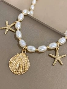 1條流行的abs人造珍珠海星貝殼魅力項鍊,適用於女性裝飾禮物派對 - 彩色 - 查看 2