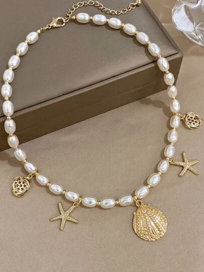 1條流行的abs人造珍珠海星貝殼魅力項鍊,適用於女性裝飾禮物派對