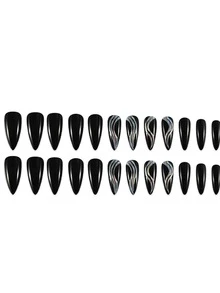 24 cái/hộp Móng giả Bộ Với Nhọn , Nhấn-Bật Thiết kế , Kim loại Sọc & Giọt nước Lấp lánh Mô hình - màu đen - Xem 4