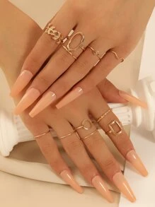 11 cái/bộ Nhẫn thiết kế hình tròn và chiếc lá đơn giản hình học - Vàng - Xem 1