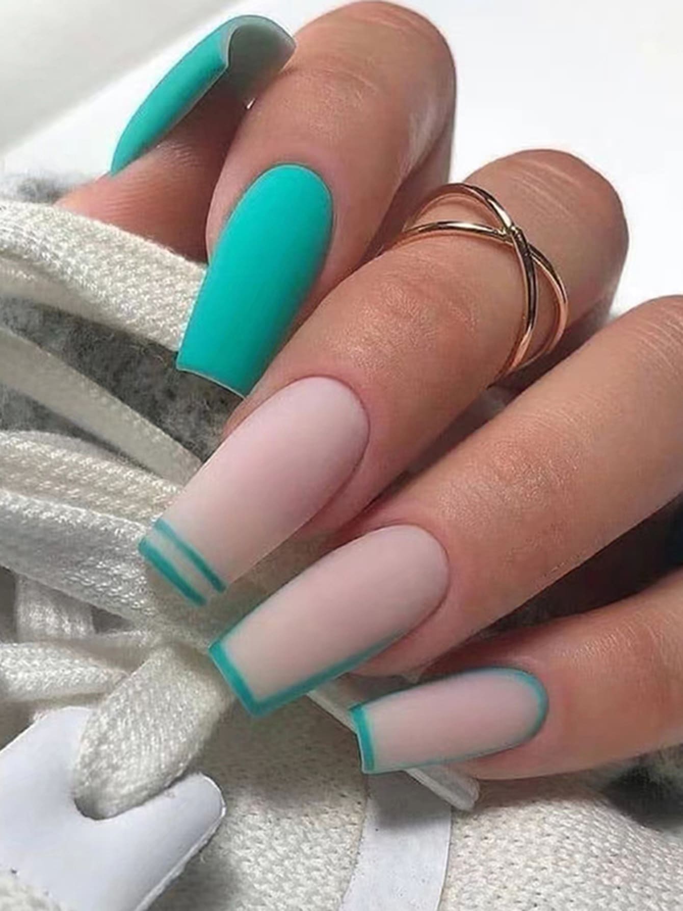 24pcs Medium Long Coffin Shape Simple Pure Solid Lake Green Matte False Nails And Fashionable Nail Tips With 1pc Nail File And 1pc Jelly Glue - Multicolor - View 1