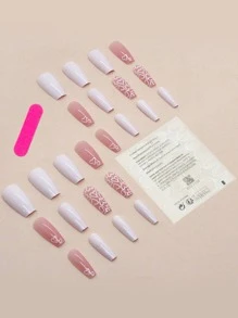 24入組中長棺形優雅簡約Ins風格白色愛心美甲假指甲，包含1片穿戴指甲片、1片磨甲條和1支果凍膠 - 彩色 - 查看 3