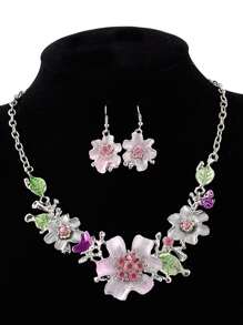 2pcs/set Exquisite Zirconia Flower Shaped Earrings And Necklace Set - Multicolor - View 1