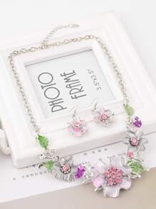 2pcs/set Exquisite Zirconia Flower Shaped Earrings And Necklace Set - Multicolor - View 2