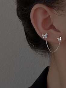 Chic Butterfly Design Stud Earrings With Dangle Chains, Suitable For Double Ear Piercing - Silver - View 1