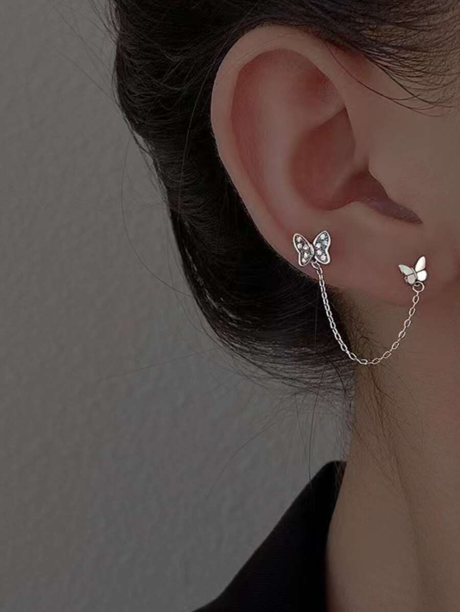 Chic Butterfly Design Stud Earrings With Dangle Chains, Suitable For Double Ear Piercing - Silver - View 1