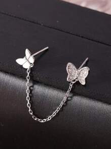 Chic Butterfly Design Stud Earrings With Dangle Chains, Suitable For Double Ear Piercing - Silver - View 2