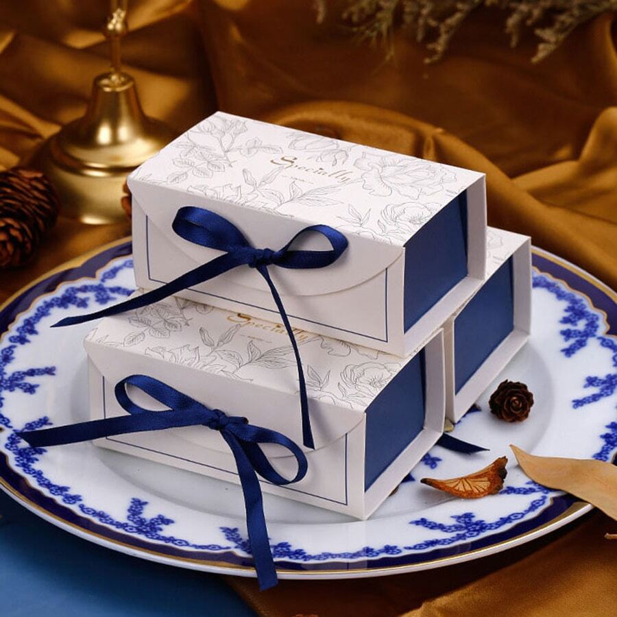 5 cái Hộp Quà Tiệc sinh nhật Lễ cưới Tắm em bé Giáng sinh Gói hàng Sô cô la Cookie Trang trí bánh kem Với Ruy băng - Màu xanh lam - Xem 1