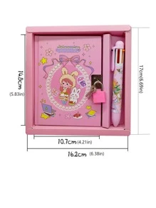 1 Set (A6 Notebook + 1pc 6-Color Ballpoint Pen) Cartoon Notebook With Lock, Portable Pocket Set 64 Sheets, Pink Journal For Girls Back To School - Multicolor - View 4