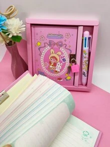 1 Set (A6 Notebook + 1pc 6-Color Ballpoint Pen) Cartoon Notebook With Lock, Portable Pocket Set 64 Sheets, Pink Journal For Girls Back To School - Multicolor - View 3