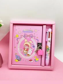 1 Set (A6 Notebook + 1pc 6-Color Ballpoint Pen) Cartoon Notebook With Lock, Portable Pocket Set 64 Sheets, Pink Journal For Girls Back To School - Multicolor - View 7