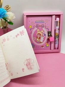 1 Set (A6 Notebook + 1pc 6-Color Ballpoint Pen) Cartoon Notebook With Lock, Portable Pocket Set 64 Sheets, Pink Journal For Girls Back To School - Multicolor - View 2