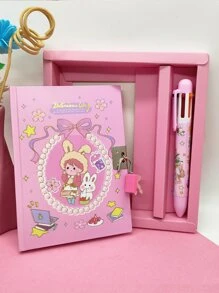 1 Set (A6 Notebook + 1pc 6-Color Ballpoint Pen) Cartoon Notebook With Lock, Portable Pocket Set 64 Sheets, Pink Journal For Girls Back To School - Multicolor - View 6