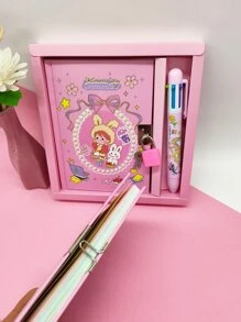 1 Set (A6 Notebook + 1pc 6-Color Ballpoint Pen) Cartoon Notebook With Lock, Portable Pocket Set 64 Sheets, Pink Journal For Girls Back To School - Multicolor - View 5