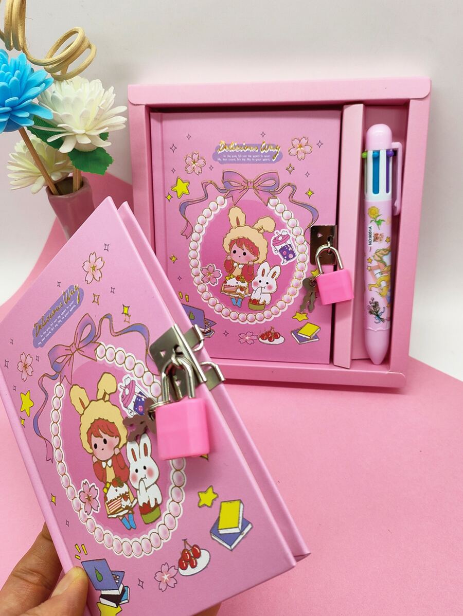 1 Set (A6 Notebook + 1pc 6-Color Ballpoint Pen) Cartoon Notebook With Lock, Portable Pocket Set 64 Sheets, Pink Journal For Girls Back To School - Multicolor - View 1
