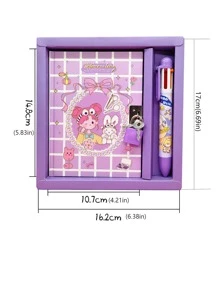 Cartoon Diary Set (A6 Notebook & 6-Color Ballpoint Pen), 64 Pages Pocket-Sized Notebook With Lock, Purple, Ideal For Students - Multicolor - View 3