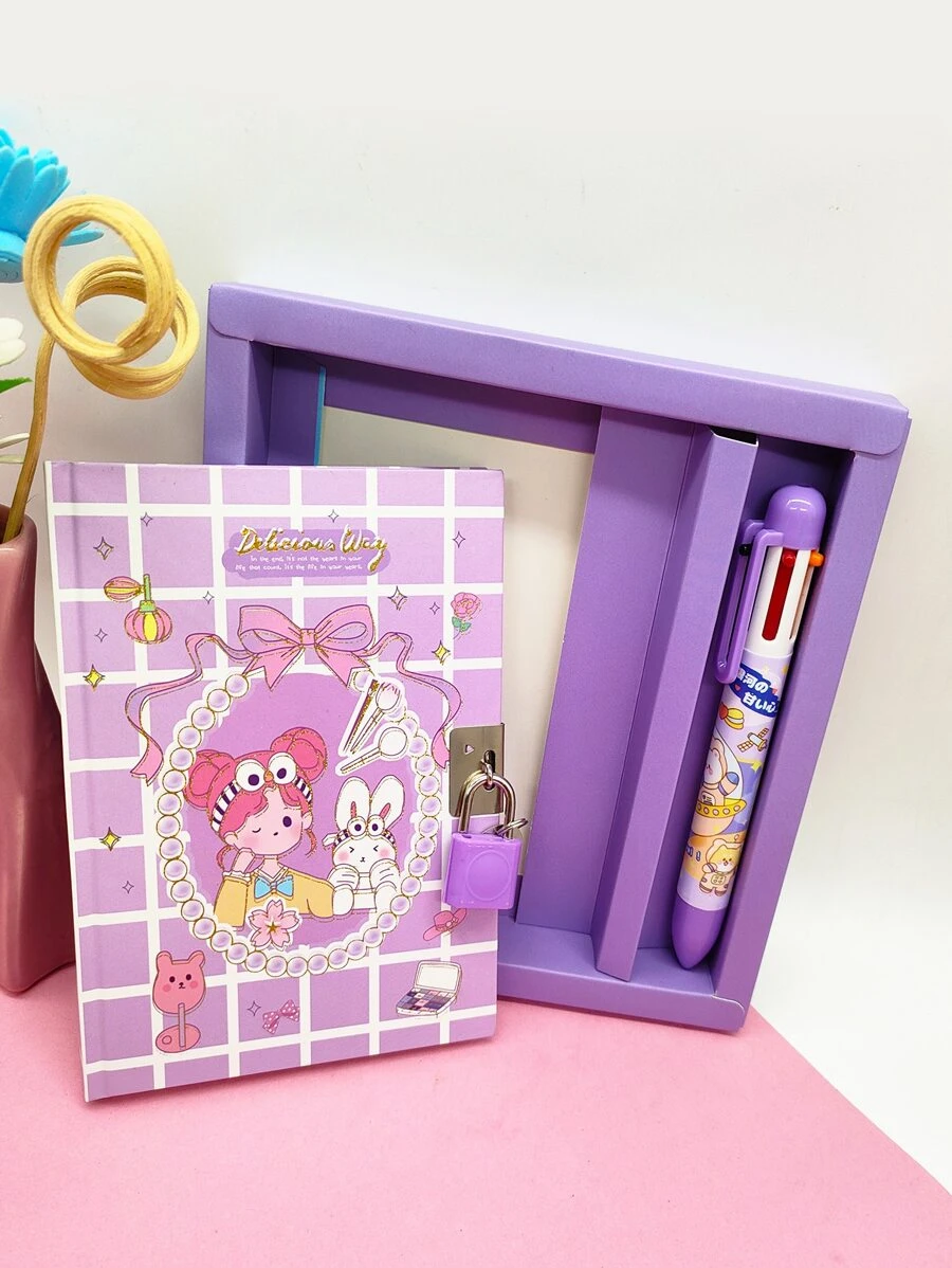 Cartoon Diary Set (A6 Notebook & 6-Color Ballpoint Pen), 64 Pages Pocket-Sized Notebook With Lock, Purple, Ideal For Students - Multicolor - View 1