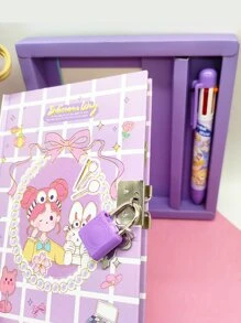 Cartoon Diary Set (A6 Notebook & 6-Color Ballpoint Pen), 64 Pages Pocket-Sized Notebook With Lock, Purple, Ideal For Students - Multicolor - View 2