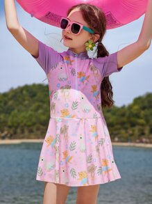 Tween Girl Cartoon Graphic One Piece Swimsuit - Multicolor - View 1