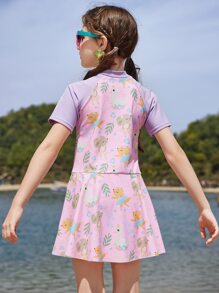 Tween Girl Cartoon Graphic One Piece Swimsuit - Multicolor - View 3