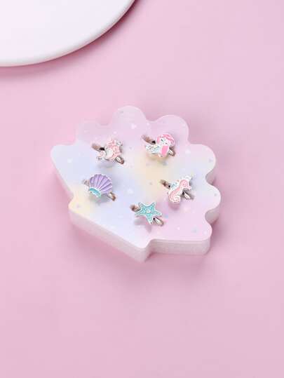 5pcs/set Ocean Themed Zinc Alloy Colorful Resin Girls' Rings With Plastic Box, Featuring Starfish, Seahorse, Mermaid And Shell Design