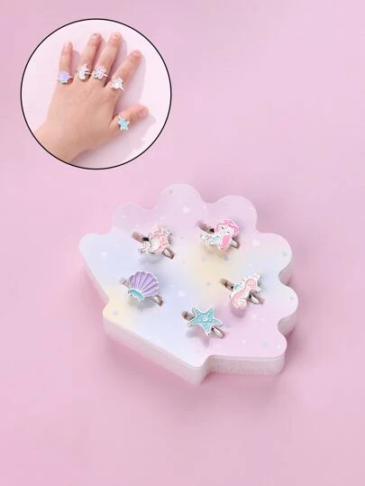 5入組/套海洋主題鋅合金彩色樹脂女孩環帶塑膠盒,特色海星,海馬,美人魚和外殼設計