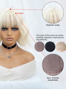 合成纖維耐熱捲髮帶鈍劉海假髮白色顏色14英寸充分機器編織日常自然逼真假髮 - 白色 - 查看 6