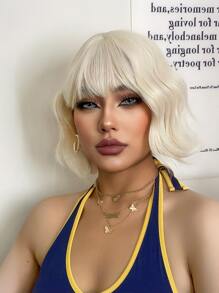 合成纖維耐熱捲髮帶鈍劉海假髮白色顏色14英寸充分機器編織日常自然逼真假髮 - 白色 - 查看 4