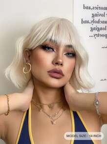 合成纖維耐熱捲髮帶鈍劉海假髮白色顏色14英寸充分機器編織日常自然逼真假髮 - 白色 - 查看 3