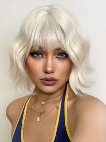 合成纖維耐熱捲髮帶鈍劉海假髮白色顏色14英寸充分機器編織日常自然逼真假髮 - 白色 - 查看 1