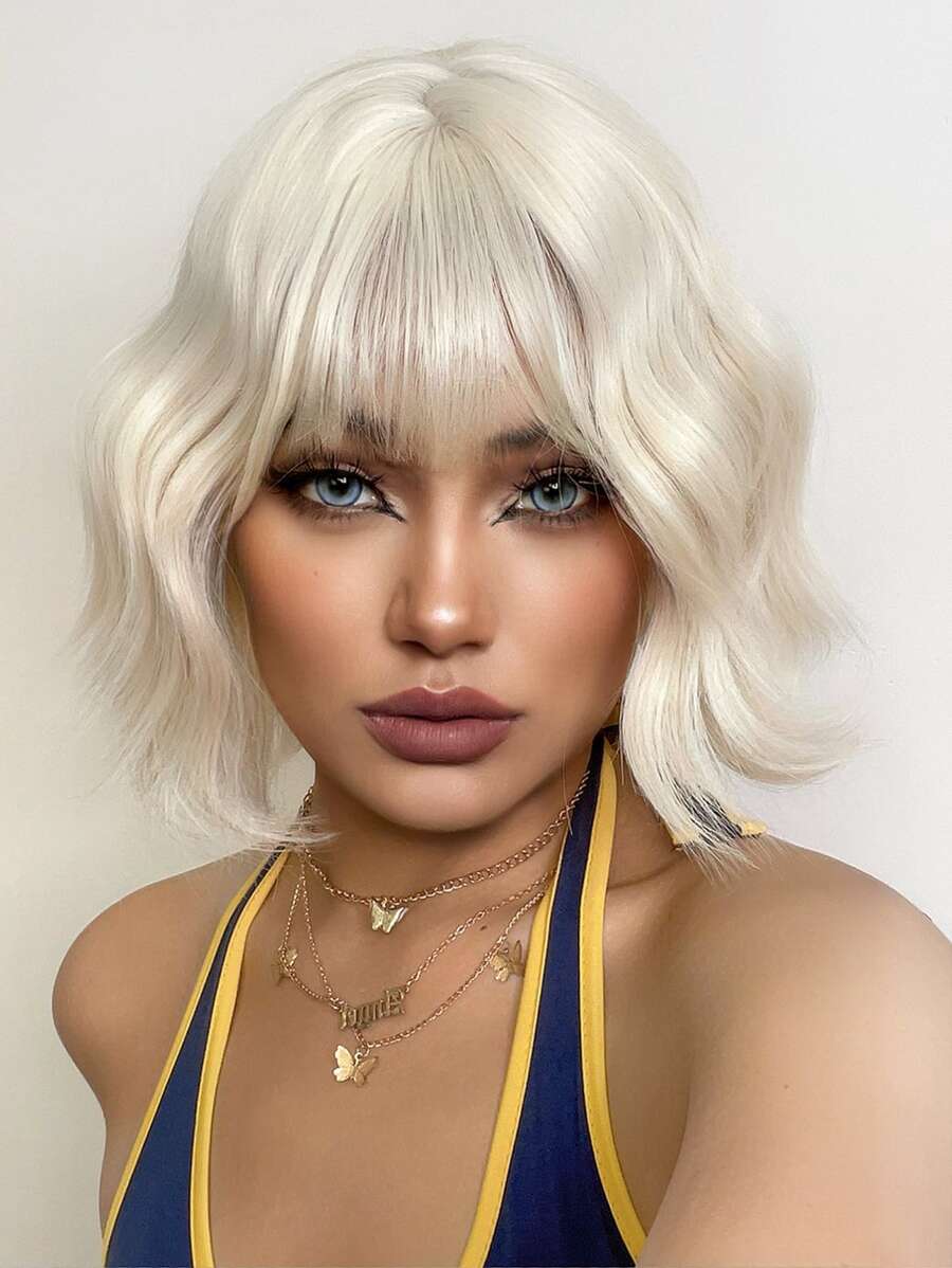 合成纖維耐熱捲髮帶鈍劉海假髮白色顏色14英寸充分機器編織日常自然逼真假髮 - 白色 - 查看 1