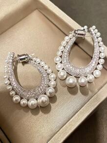 1 Par De Brincos Declarativos De Círculo Completo De Pérola Falsa Luxuosa E Zircônia Cúbica Para Mulheres, Perfeito Para Noite Romântica - Prata - Ver 3