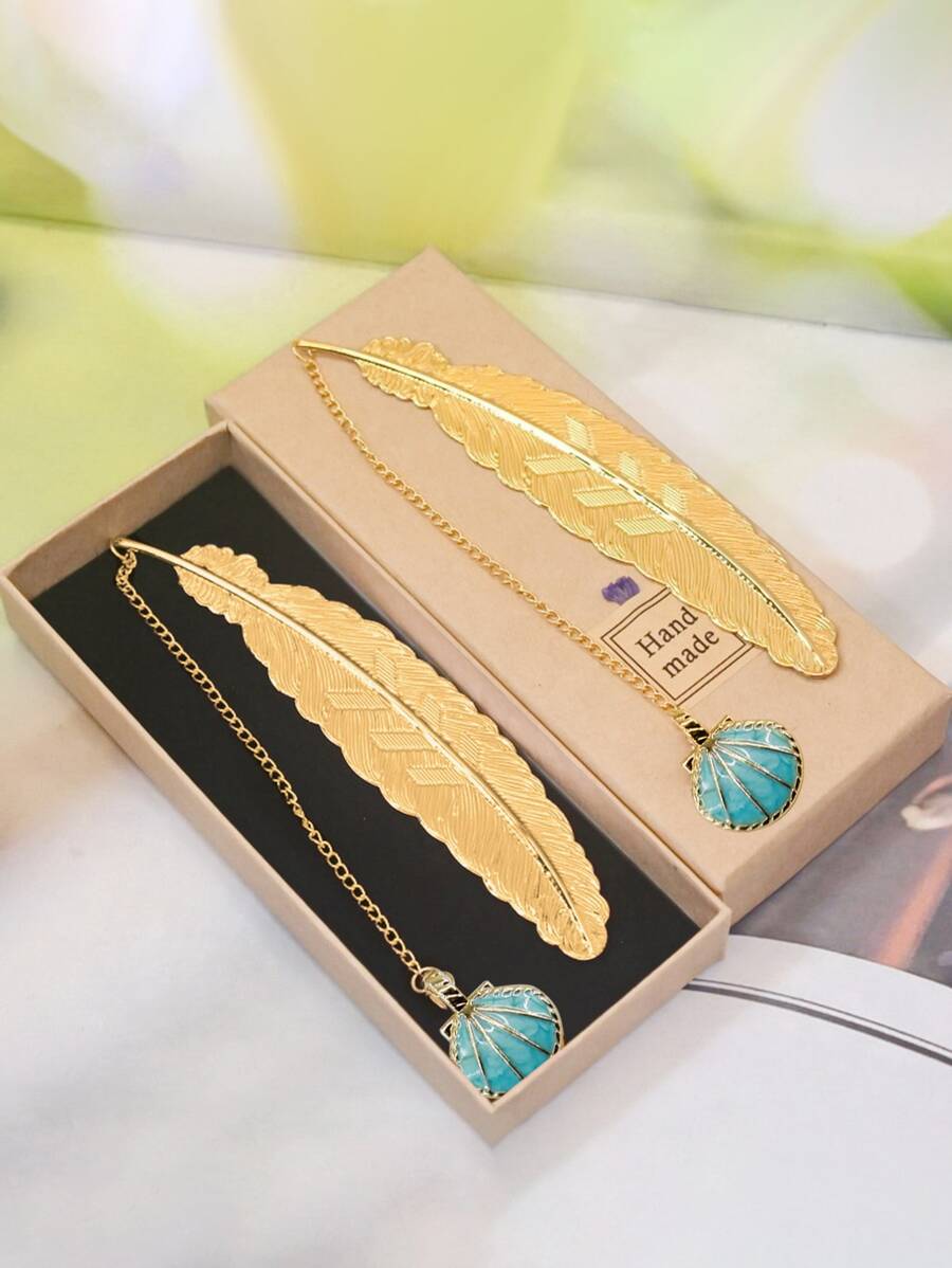 1入組黃銅羽毛圖案和樹葉靜脈書籤帶藍色的貝殼裝飾用品 - 藍色 - 查看 1