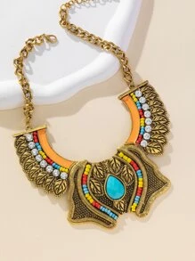 1 件歐美風格時尚復古女式誇張幾何蝴蝶葉形寶石鑲嵌短項鍊創意設計易於搭配埃及鎖骨鏈 - 彩色 - 查看 2