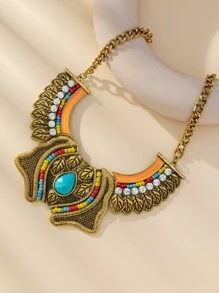 1 件歐美風格時尚復古女式誇張幾何蝴蝶葉形寶石鑲嵌短項鍊創意設計易於搭配埃及鎖骨鏈 - 彩色 - 查看 1