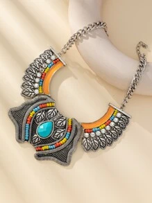 1pc European And American Style Fashionable Retro Women'S Short Necklace With Exaggerated Geometric Butterfly & Leaf Stone Inlay Design, Creative And Versatile, Perfectly Matched With Egyptian Style - Multicolor - View 1