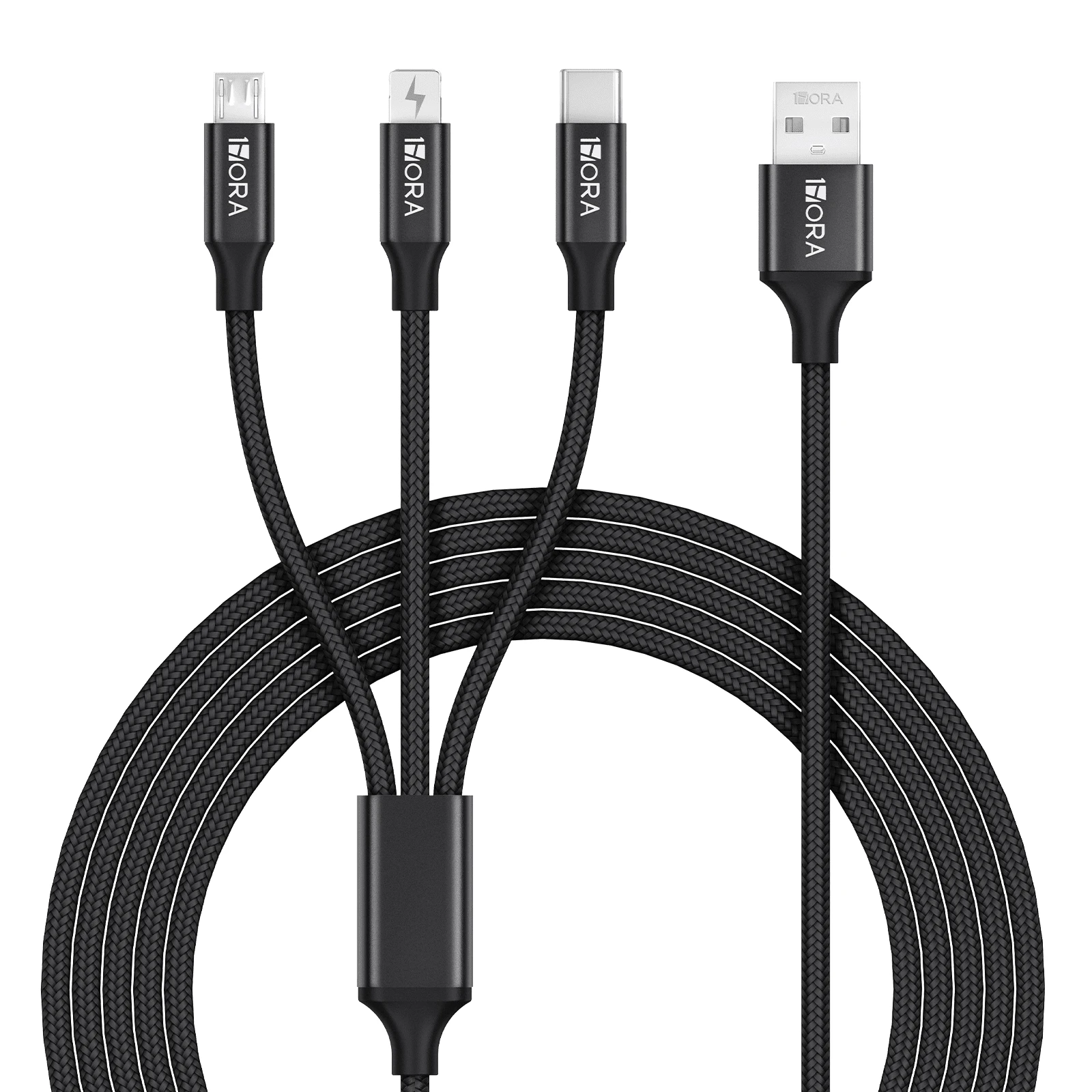1Hour 3 In 1 Charger USB Fast Charging Cable Micro USB Cable V8 / Type C / Lighting - Black - View 1