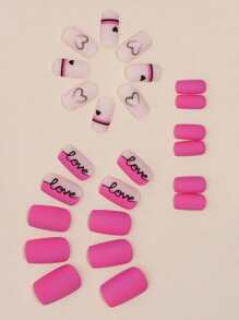 24入組中長方形假指甲，粉色愛心設計，包括一個指甲檔和一個果凍膠，可移式指甲貼，非常適合情人節或特殊約會，壓克力假指甲提供 - 彩色 - 查看 3
