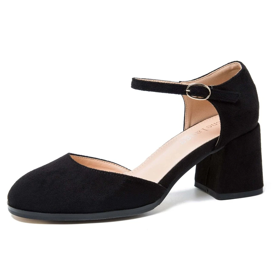 Women's Round Toe Low Chunky Block Heels Pumps Closed Toe Ankle Strap D'Orsay Sandals Dress Wedding Party Shoes - 黑色 - 查看 1