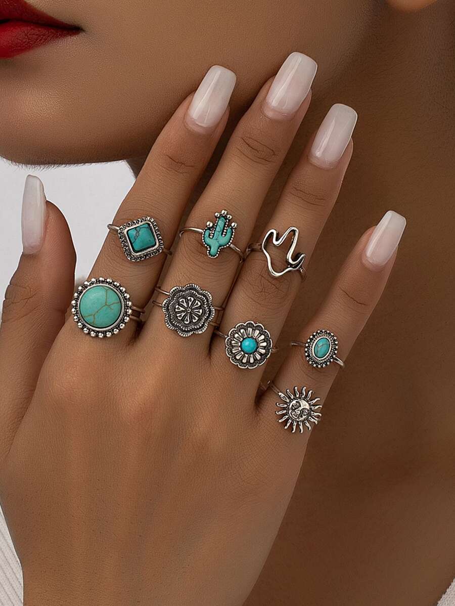8 Pcs Western Turquoise Jewelry Cactus Sunburst Detail Rings Set for Women - Antique Silver - View 1